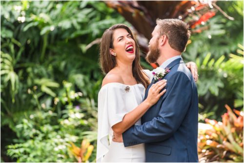 bride and groom laughing at Florida Tech Botanical Gardens Wedding