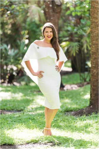 Glowing bride in Celtic inspired short gown at Florida Tech Botanical Garden Wedding