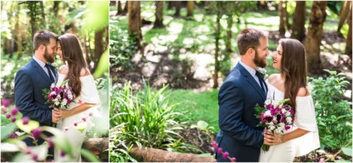 Bride and goom with purple bouquet at Florida Tech Botanical Garden Wedding