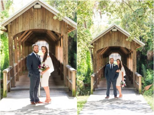 couple by covered bridge at Florida Tech Botanical Garden Wedding