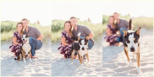 couple with dog on beach Melbourne Florida engagement photographer