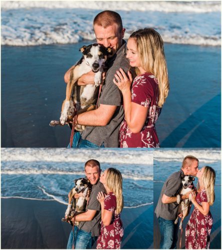 Couple holding dog by beach Melbourne Florida engagement photographer