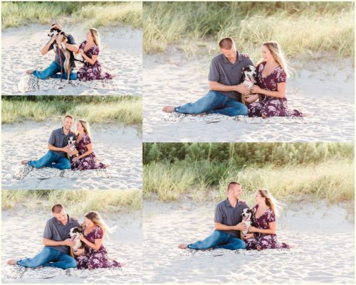 couple with dog on beach Melbourne Florida engagement photographer