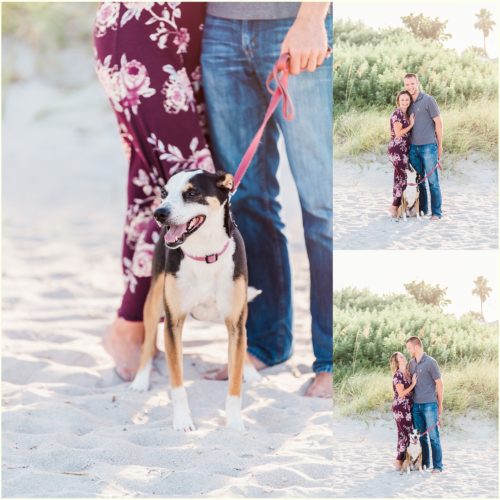 couple with dog on beach Melbourne Florida engagement photographer