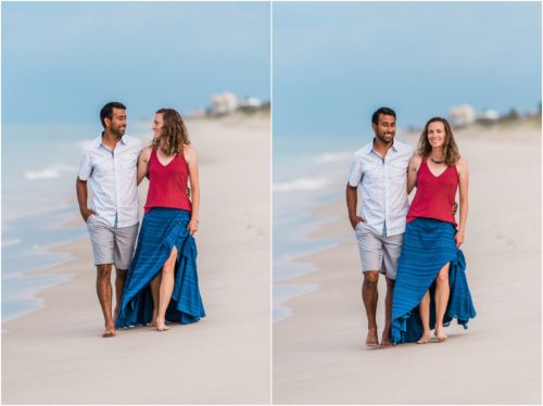 Couple walking down beach after storm Melbourne Beach Engagement Photography
