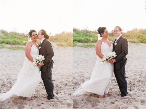 Bride and groom with dunes in background Melbourne Beach elopement