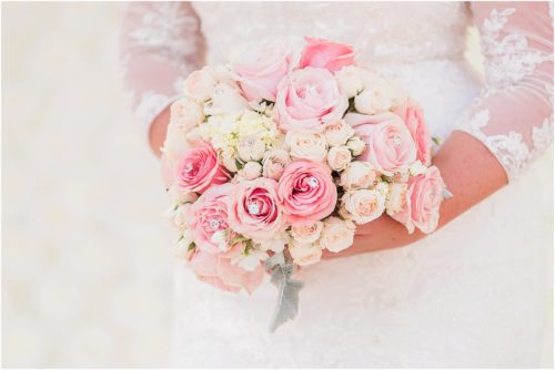 close up of pink and white bouquet