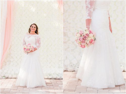 Bride with pink and white bouquet Grand Manor Wedding