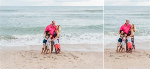 Grandkids hugging their grandparents near the water with Melbourne Beach Photographer Liz Cowie