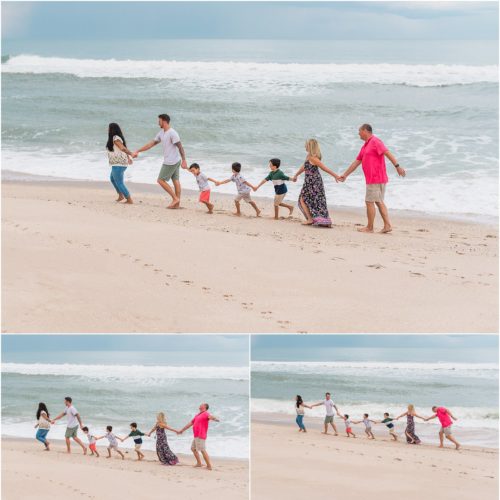 Entire extended family running on beach with Melbourne Beach Photographer Liz Cowie