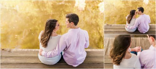 Couple sitting on dock during Up the Creek Farms Engagement photography
