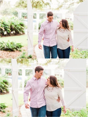 Couple walking and laughing during Up the Creek Farms Engagement photography