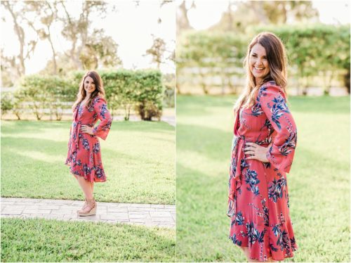 Bride to be in coral and blue dress during Up the Creek Farms Engagement photography