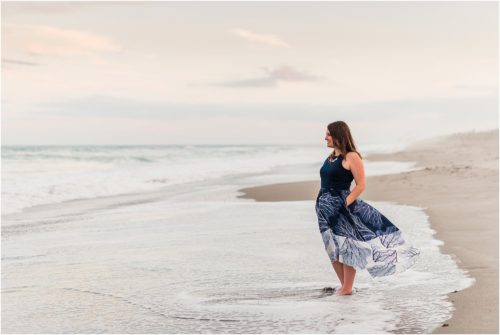 Bride near edge of ocean engagement photography