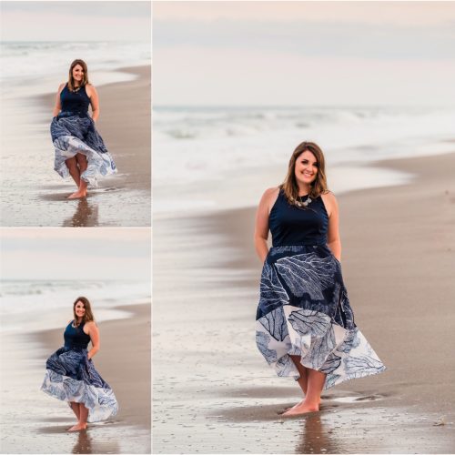 bride to be on beach in blue dress with seasons