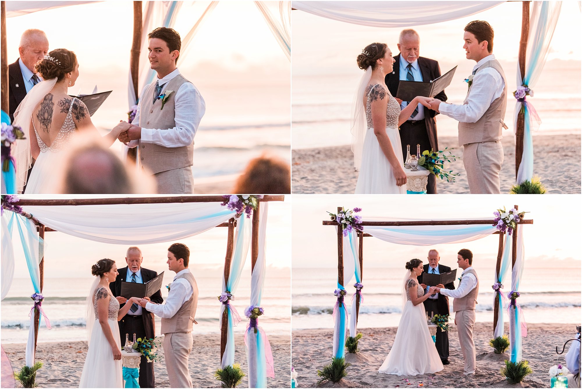 Groom putting on ring during Cocoa Beach Sunrise Wedding
