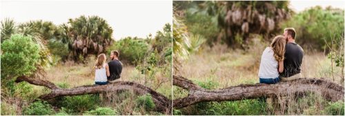 couple sitting on a log at rec center during Floridana Beach engagement