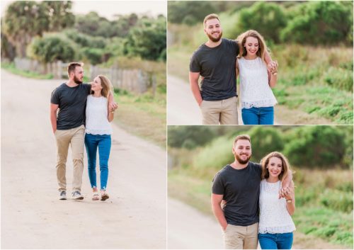 Couple walking down dirt road at rec center during Floridana Beach engagement