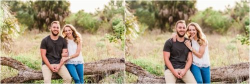 Couple sitting on log laughing during Floridana Beach engagement