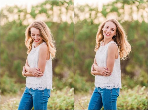 Girl in white shirt and jeans in field during Floridana Beach engagement
