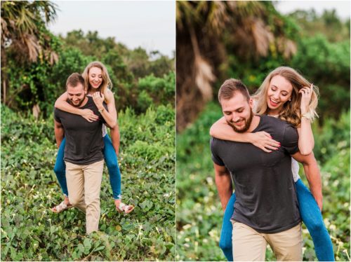 piggyback rides at rec center during Floridana Beach engagement