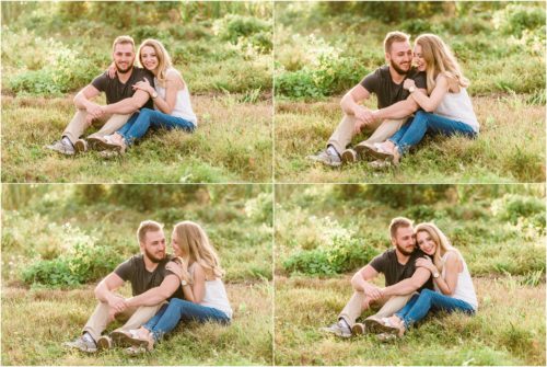 Couple snuggling on grass field during Floridana Beach engagement