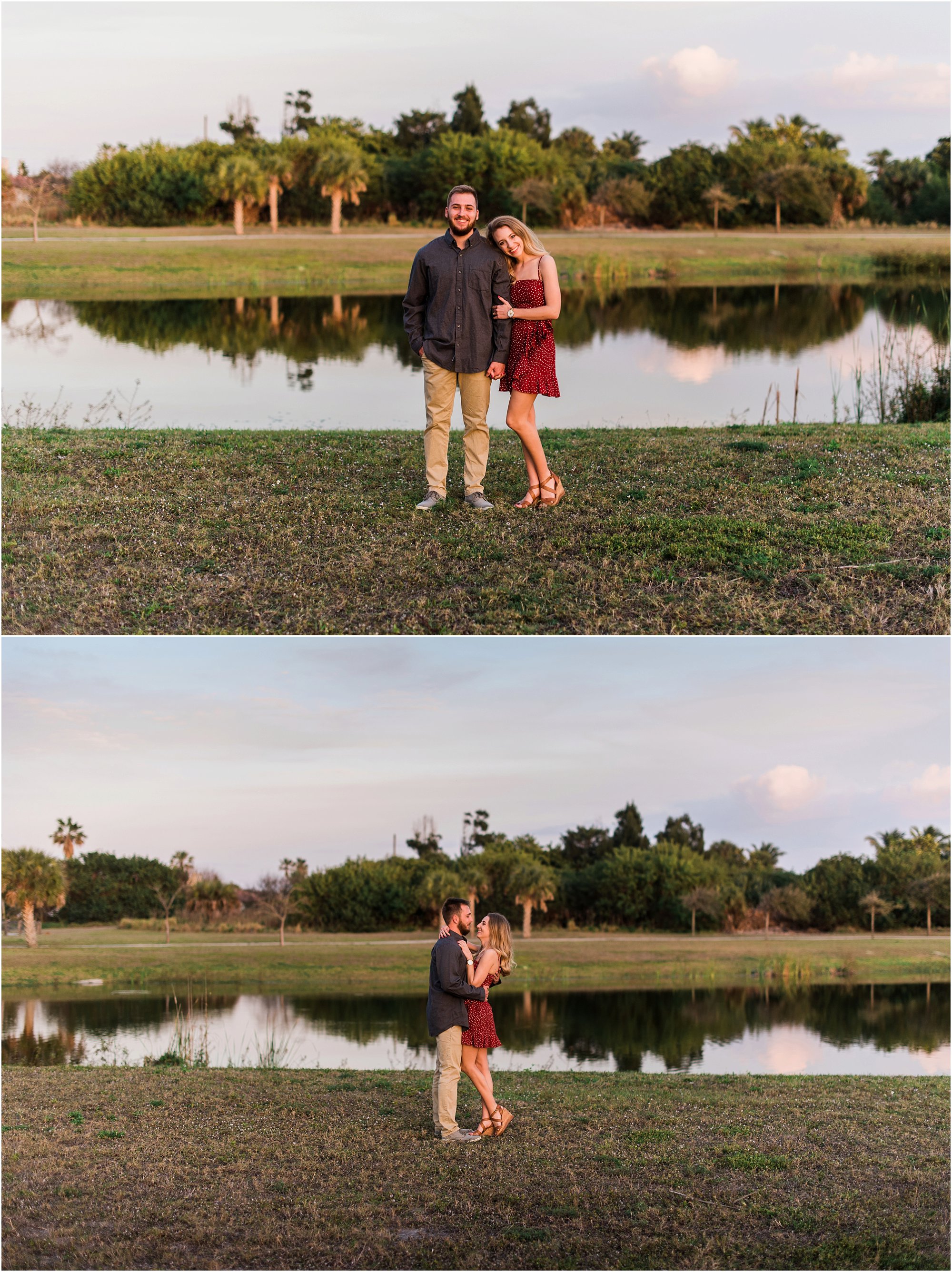 Couple in front of rec center pond during Floridana Beach engagement