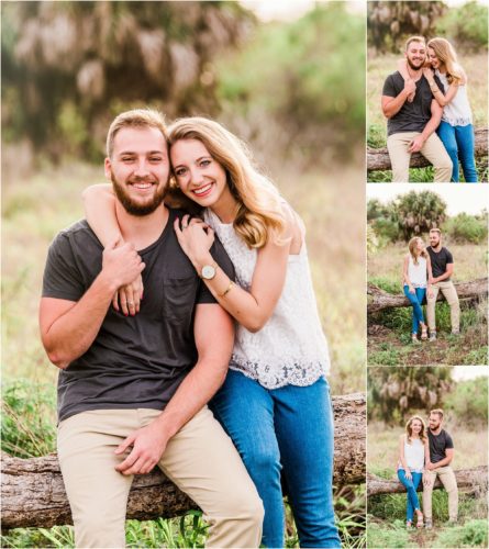 Couple sitting on log during Floridana Beach engagement