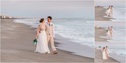 Bride and groom walking along edge of water during Cocoa Beach Sunrise Wedding