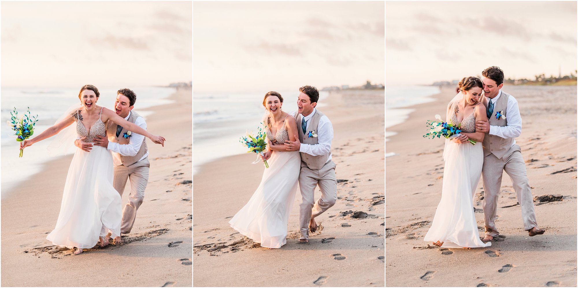 Bride and groom laughing at the edge of the water during Cocoa Beach Sunrise Wedding