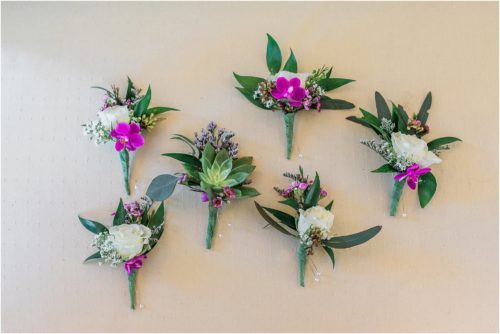 Groom's flowers purple at Banyan Estate Wedding
