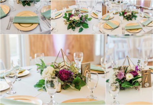 Reception room with geometric centerpieces by Buds etc at Banyan Estate Wedding