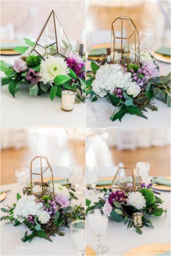 Reception room with geometric centerpieces by Buds etc at Banyan Estate Wedding