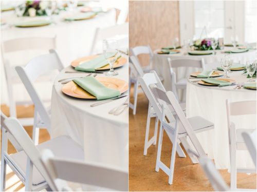 Reception room with green napkins at Banyan Estate Wedding