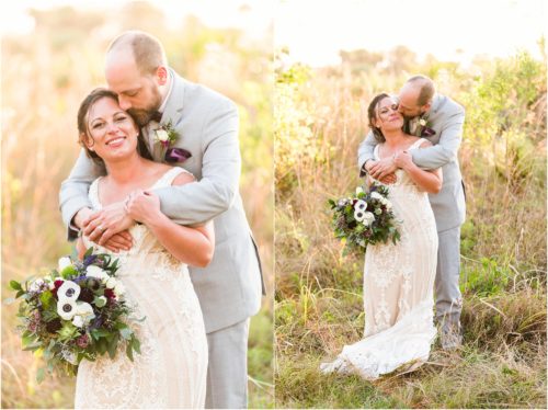 Couple hugging in grass with glowing sun at Banyan Estate Wedding
