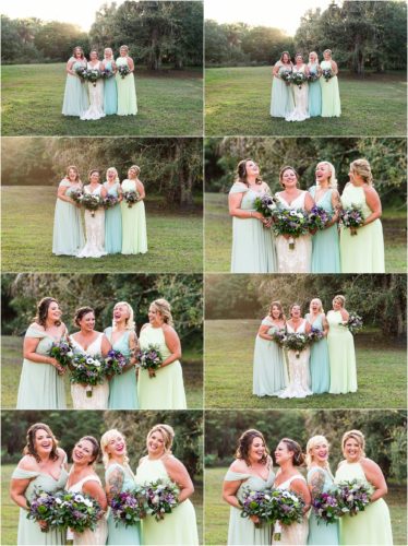 Bridesmaids in green and aqua dresses at Banyan Estate Wedding