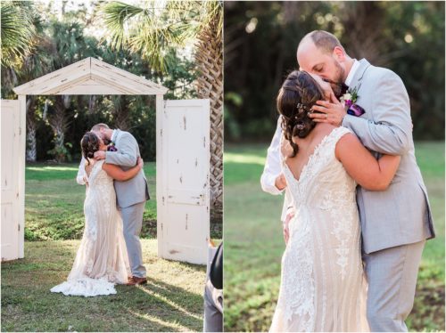 First kiss at outdoor ceremony at Banyan Estate Wedding