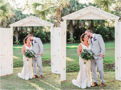 Couple standing under white door frame arches at Banyan Estate Wedding