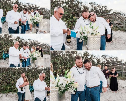 Popping champagne and celebrating after popping the question during Satellite beach proposal