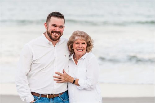 Son and a very excited mom on beach during Surprise Proposal
