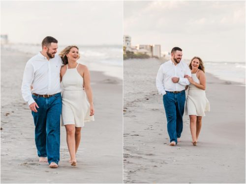 Man and girl in white dress walking down beach during Surprise Proposal