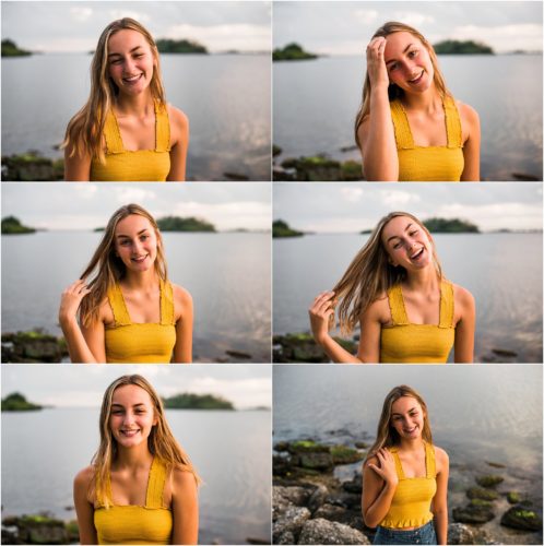 Girl in yellow top playing with hair Riverside Park Senior Portraits
