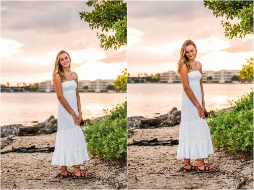 Girl on rocky beach by river Riverside Park Senior Portraits