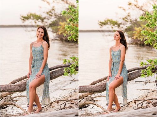 Girl sitting on driftwood Melbourne Beach Senior Photography