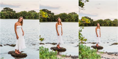 girl in white dress standing on rock in river