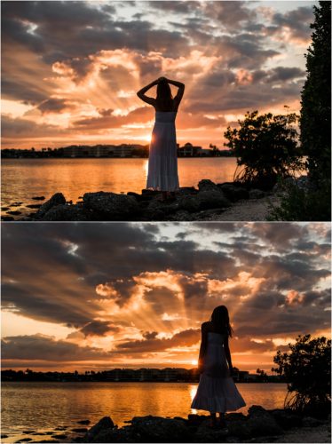 Girl standing with orange sunset Riverside Park Senior Portraits