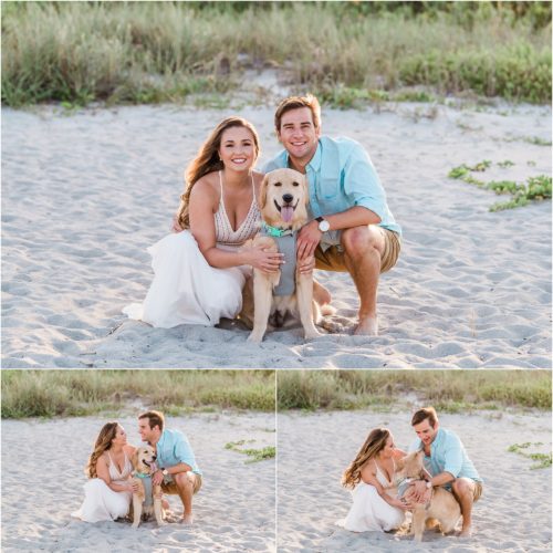 Couple hugging dog Cocoa Beach Engagement