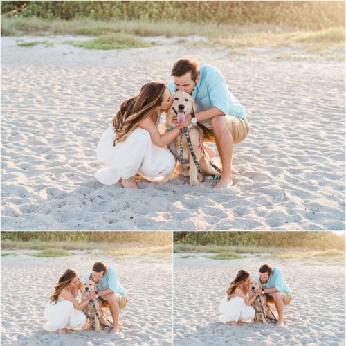 Couple hugging dog