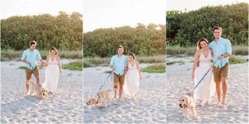 Couple walking on beach with dog Cocoa Beach Engagement