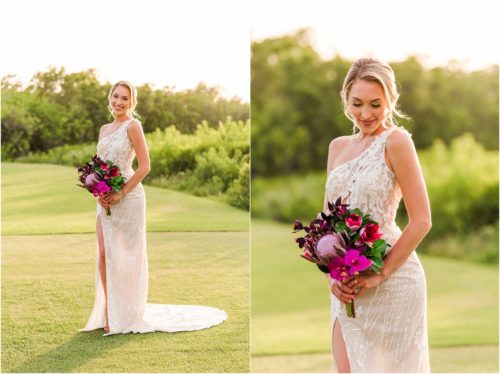 Bride on golf course with bright pink bouquet during Melbourne Beach vow renewal inspired shoot